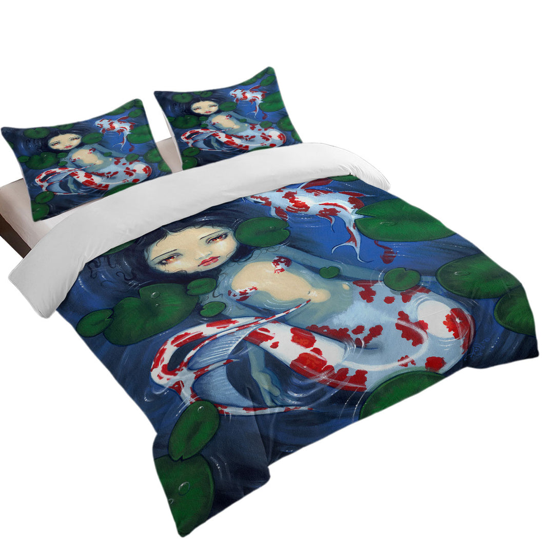 King Duvet Cover set with Japanese Garden Lily Pads and Koi Pond Mermaid