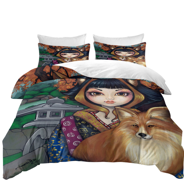 King Duvet Cover set with KitSune Japanese Fantasy Art Fox Girl and Fox