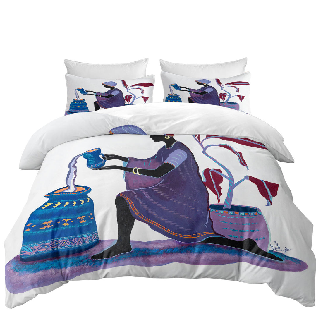 King Duvet Cover set with Kneeling in Purple Dress African Art Painting Woman