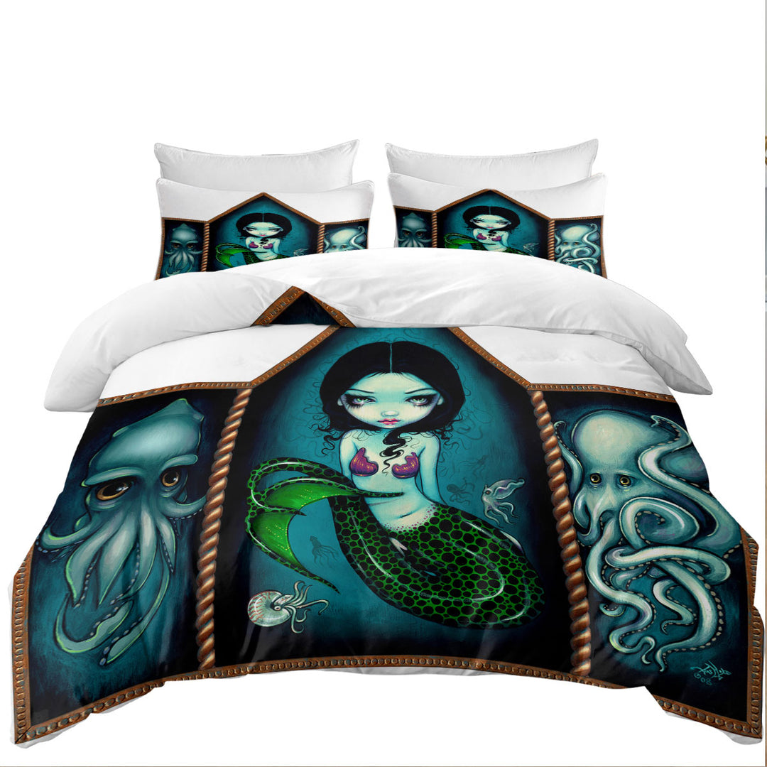 King Duvet Cover set with Mermaid with Cephalopods Octopus Squid