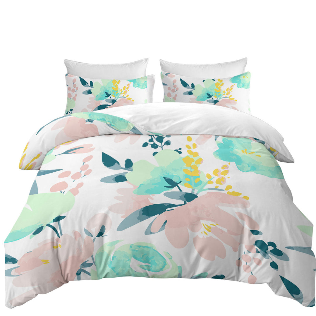 King Duvet Cover set with Modest Drawing Soft Colored Flowers