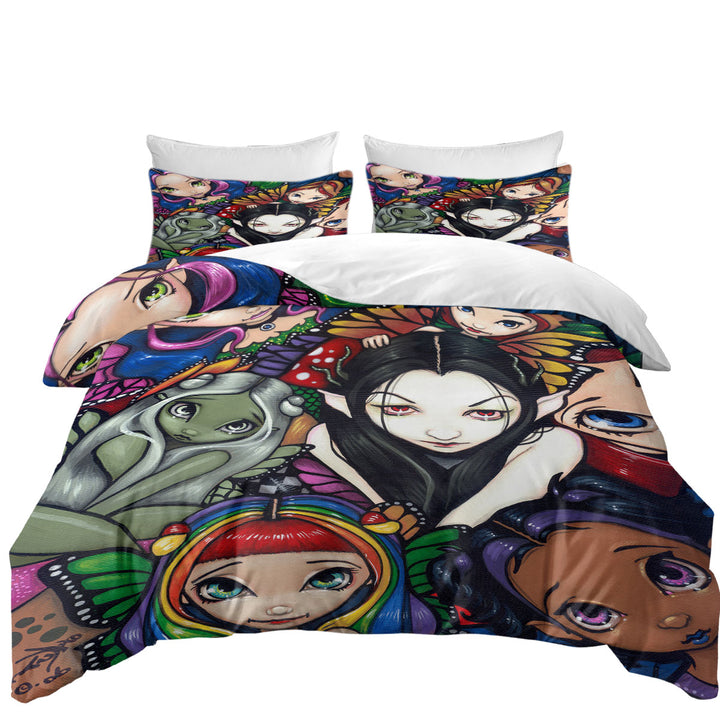 King Duvet Cover set with Multi Colored Fantasy Art Fairy Group Portrait