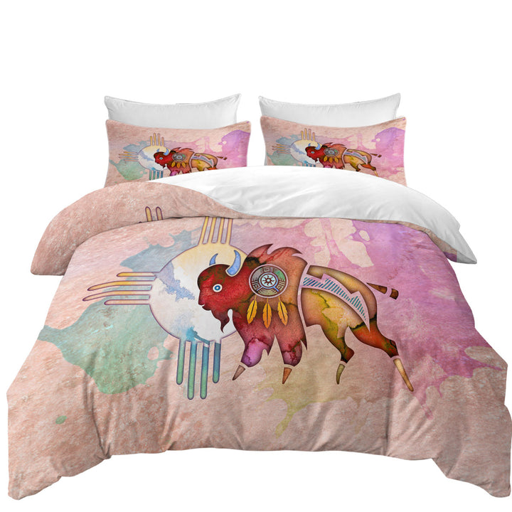 King Duvet Cover set with Native American Animal Art Painted Buffalo