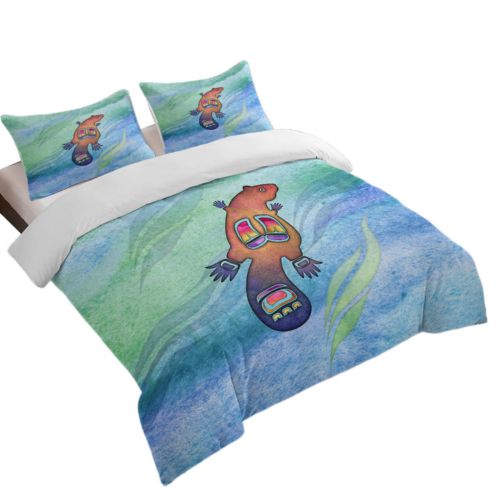 King Duvet Cover set with Native American Art Cute Painted Beaver