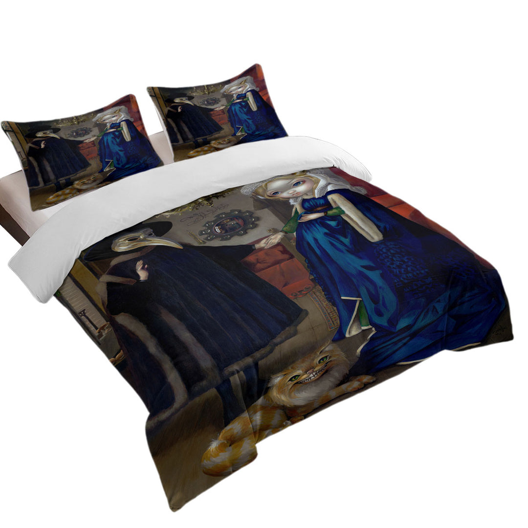 King Duvet Cover set with Painted Fantasy Art Alice in a Van Eyck Portrait