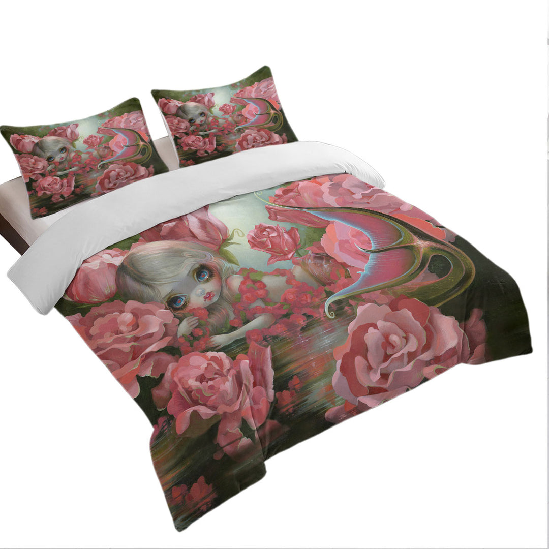 King Duvet Cover set with Pink Fantasy Art Mermaid with Roses