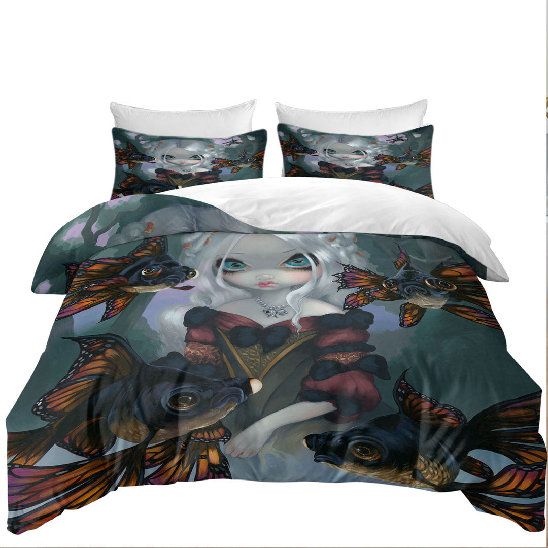 King Duvet Cover set with Pretty Girl and the Black Moor Goldfish Butterfly