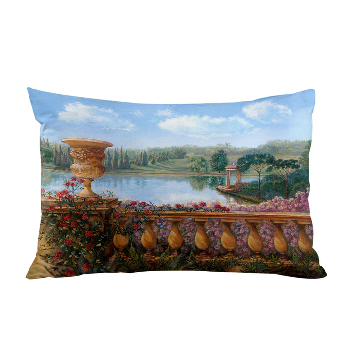 King Pillow Cases with Art Painting Lake Behind a Floral Balustrade