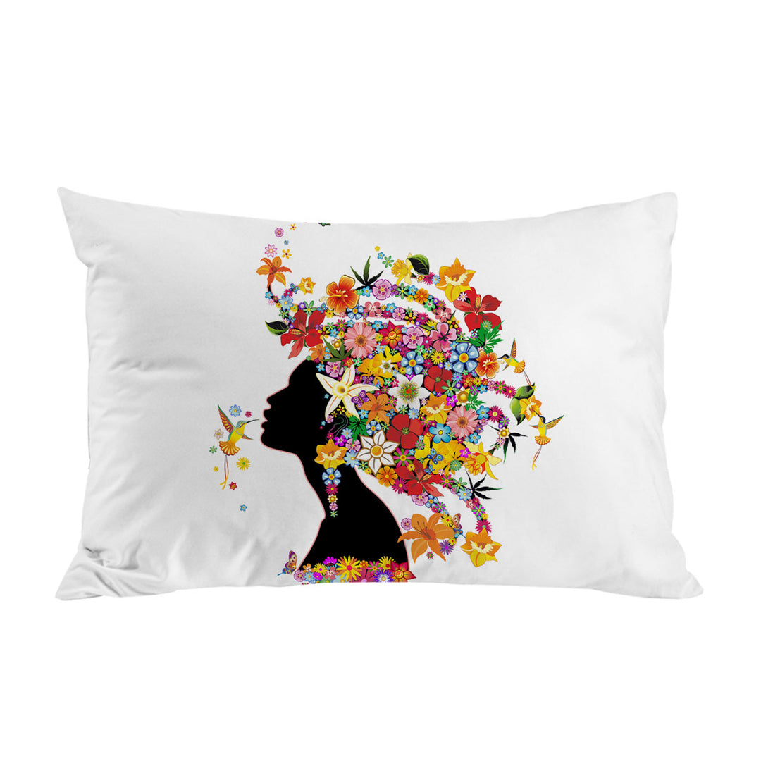 King Pillow Cases with Colorful Tropical Flower Girl and Hummingbirds