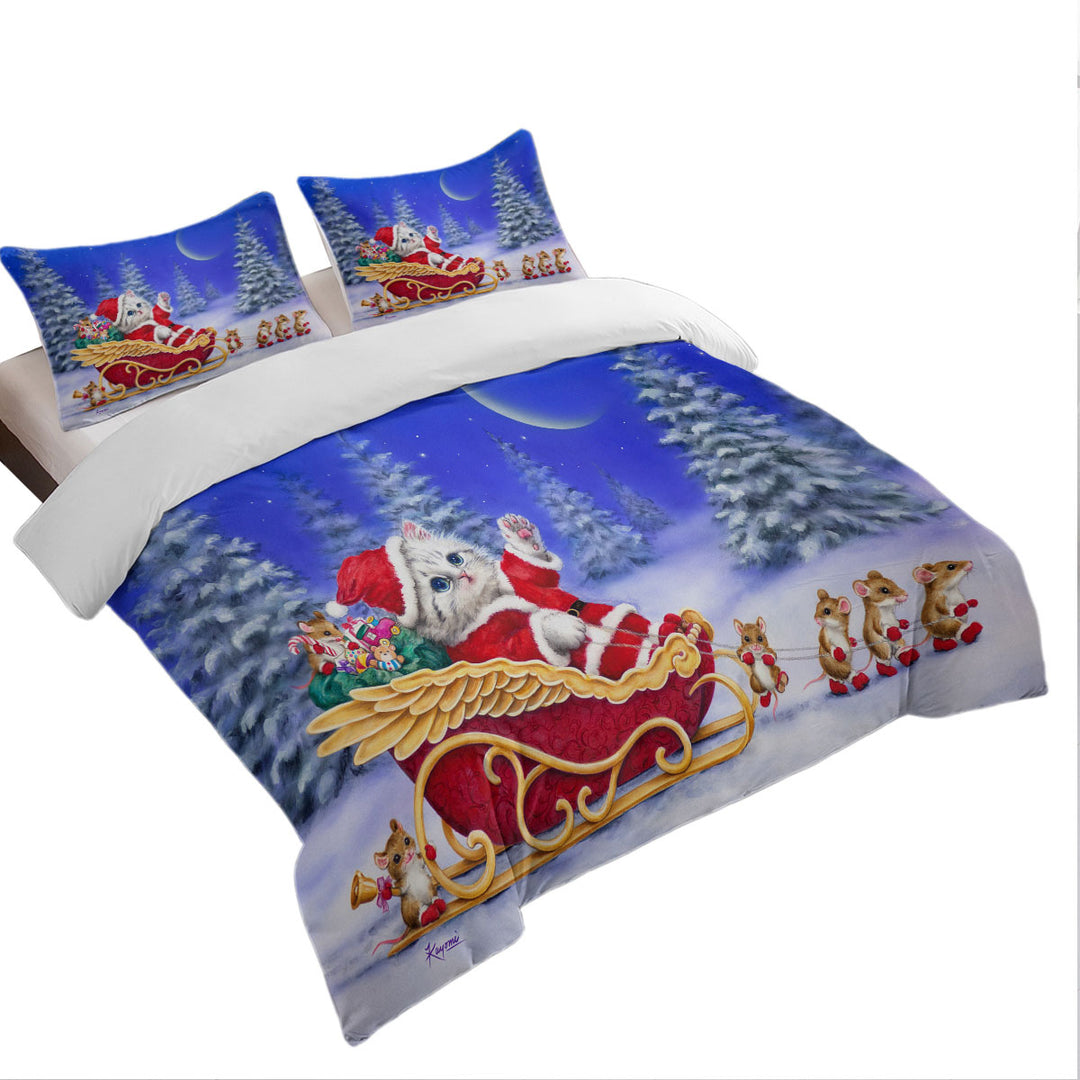 King Quilt Cover with Christmas Cats Kitten Santa and Mice Helpers