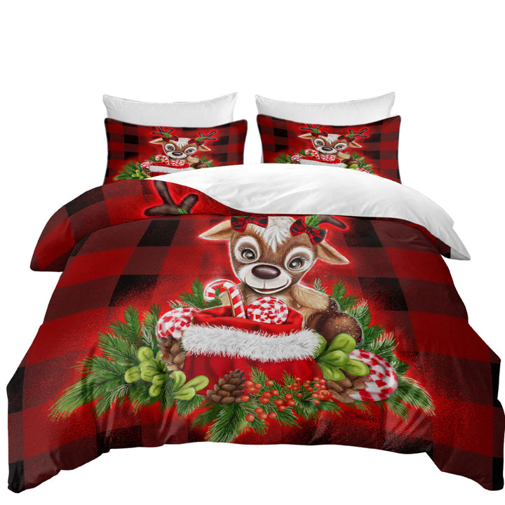 King Quilt Cover with Christmas Plaid Cutie Reindeer