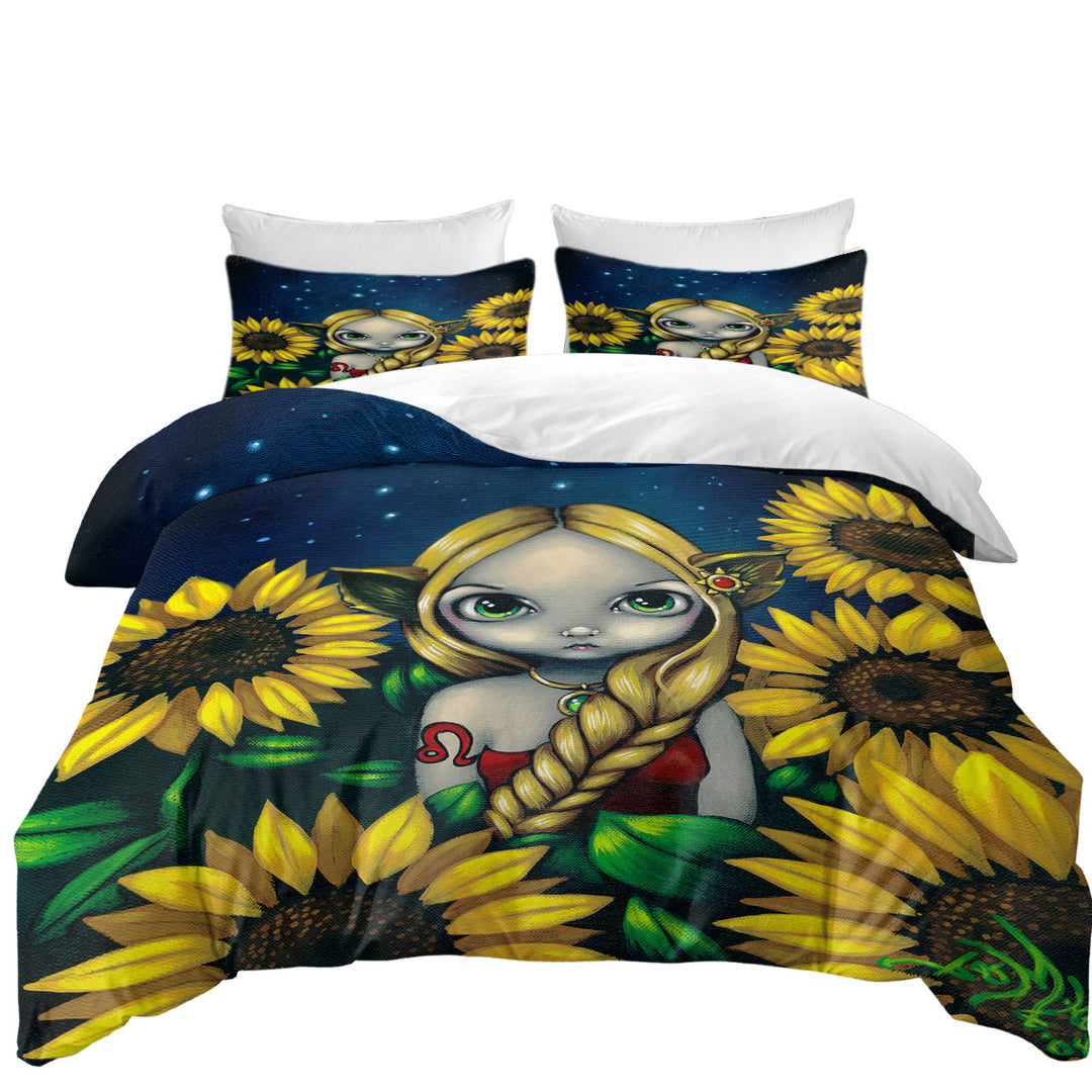 King Quilt Cover with Cool Zodiac Art Leo Sunflower Night Elf Girl