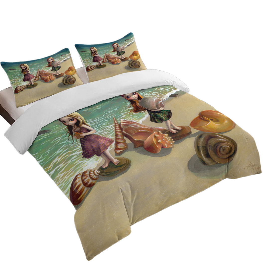 King Quilt Cover with Cute Fantasy Girls Collecting Shells By the Seaside