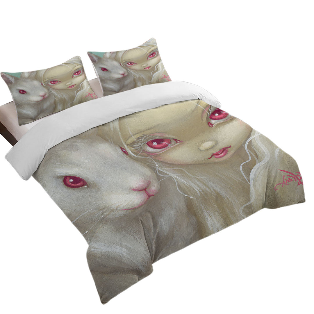 King Quilt Cover with Faces of Faery _100 Beautiful Albino Girl and Bunny