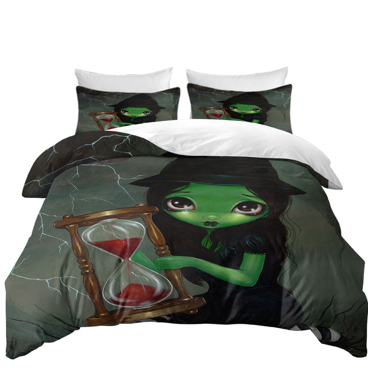 King Quilt Cover with Halloween Theme Wicked Witch and Her Hourglass