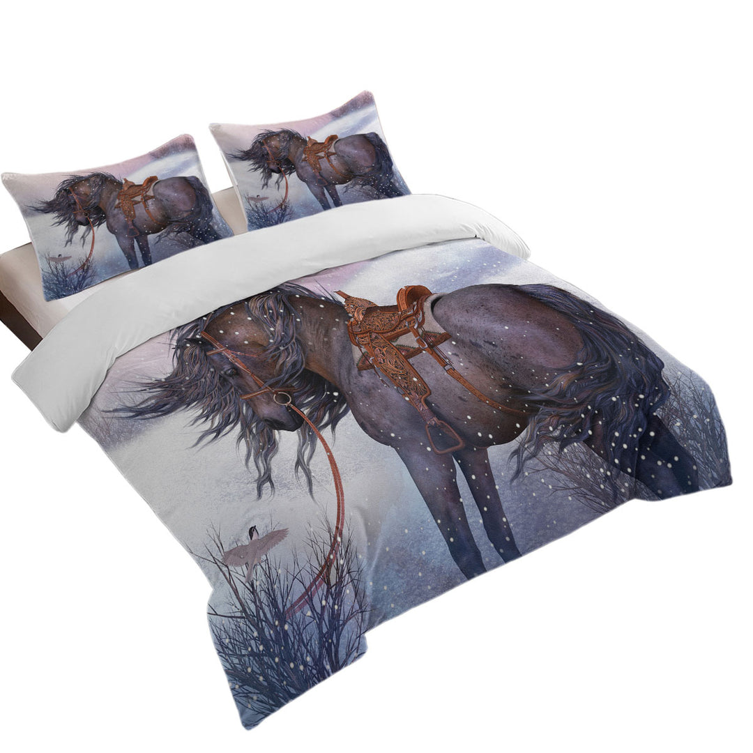 King Quilt Cover with Horses Art Honorable Brown Horse in Winter Snow