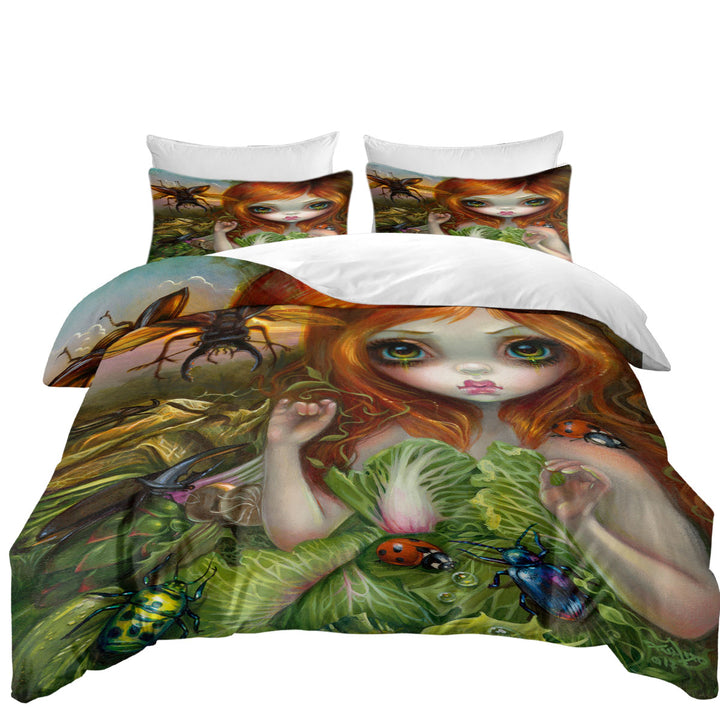 King Quilt Cover with Insectarium Beautiful Red Haired Girl and Beetles