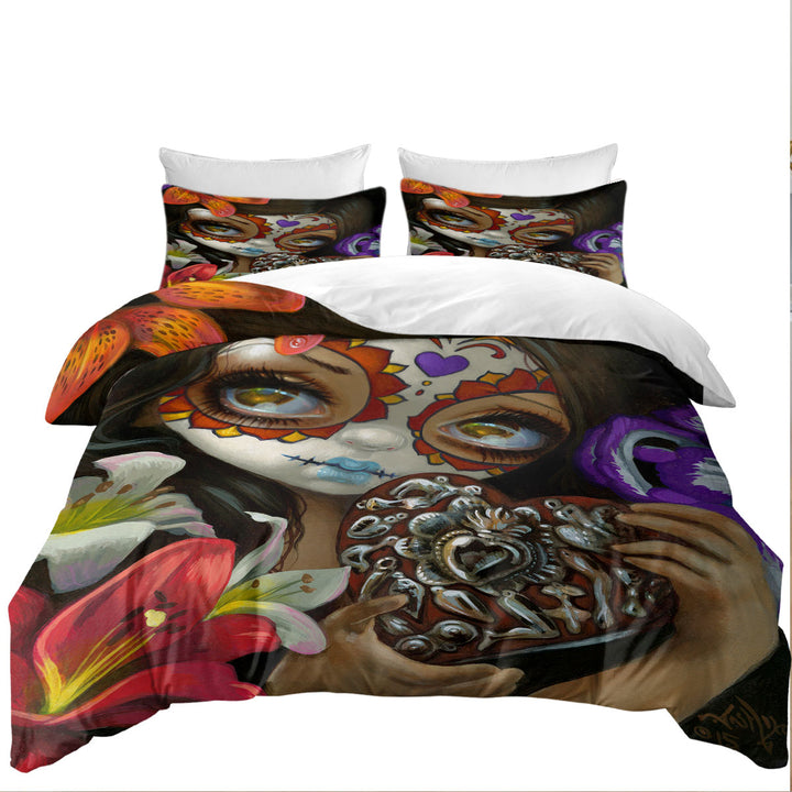 King Quilt Cover with Milagros Corazon Day of the Dead Lovely Girl