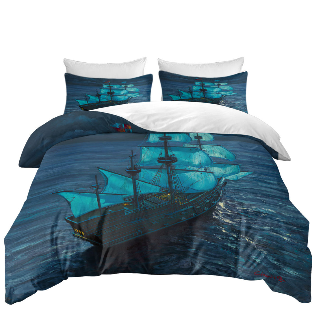 King Quilt Cover with Sailing Ship Moonlight Voyage