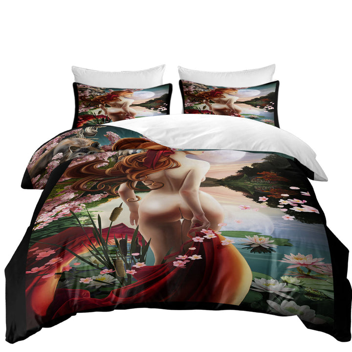 King Quilt Cover with Sexy Art Water Lilies Lake and the Stunning Woman