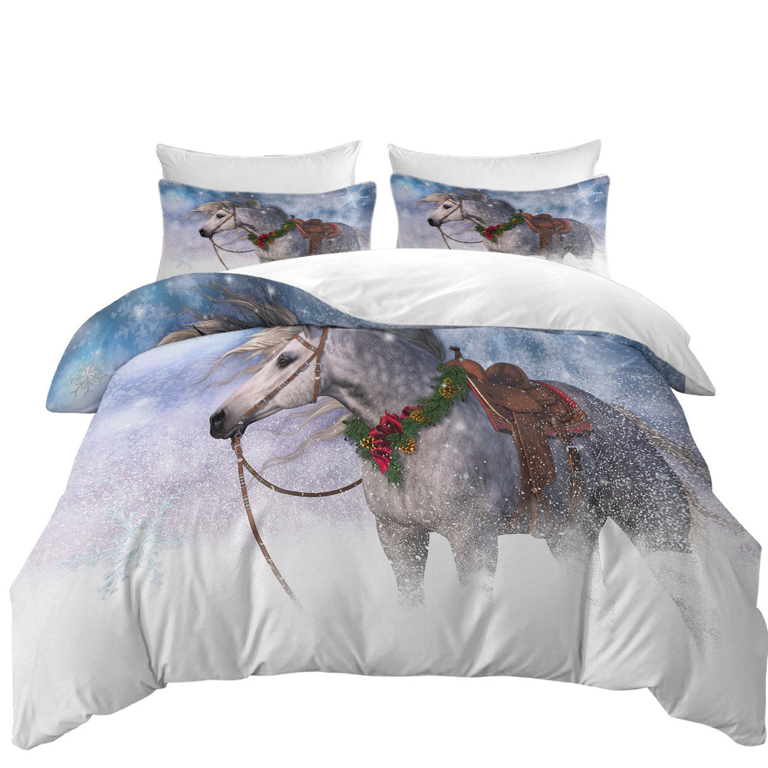 King Quilt Cover with Snowy Christmas with White Horse