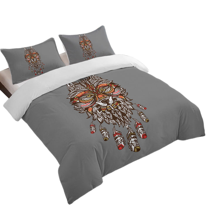 King Quilt Cover with Unique Red and Yellow Native American Wolf