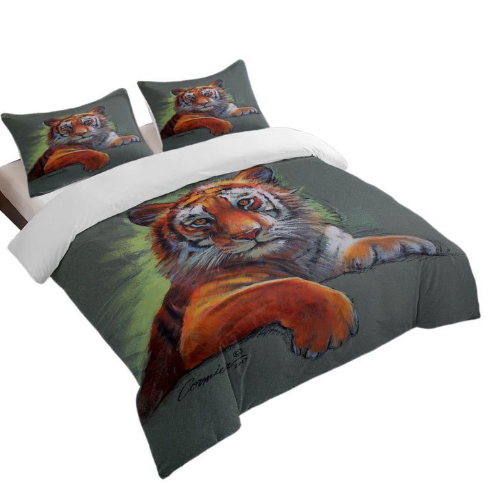 King Quilt Cover with Wild Animal Art Drawings Tiger Sketch