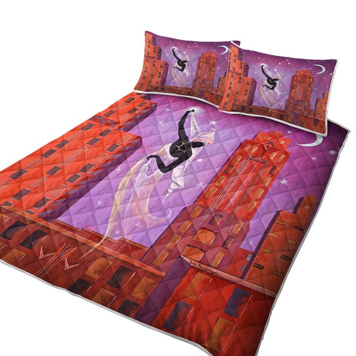 King Quilt with Art Deco Scarf Night City Dancing Painting