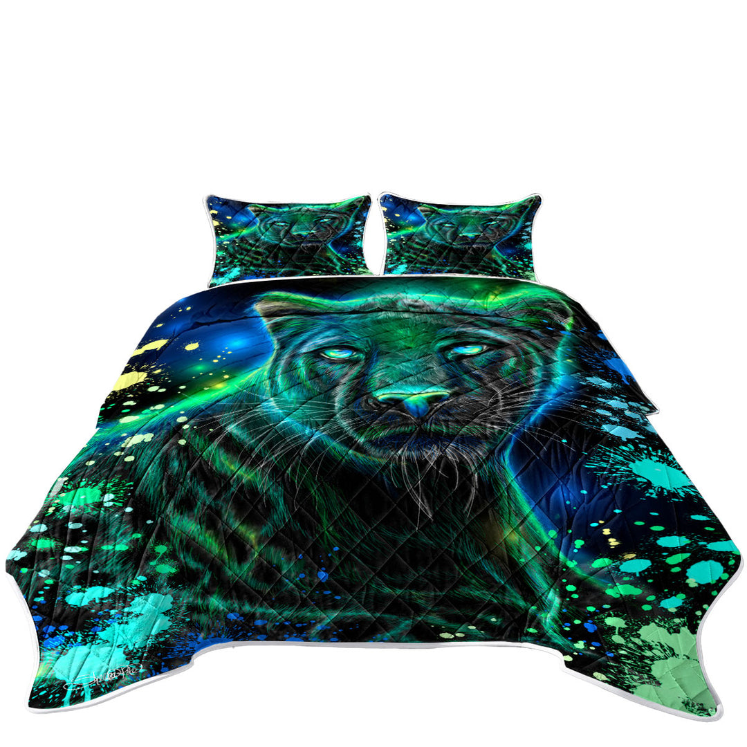 King Quilt with Artwork Neon Blue Green Panther