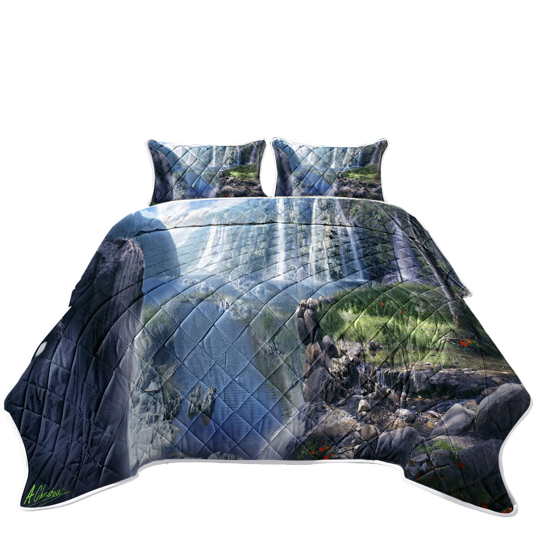 King Quilt with Beautiful Nature Waterfall Paradise