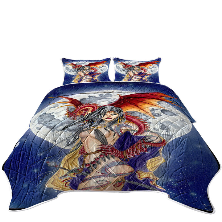 King Quilt with Cool Fantasy Art Sexy Warrior Lady and Her Moon Dragon