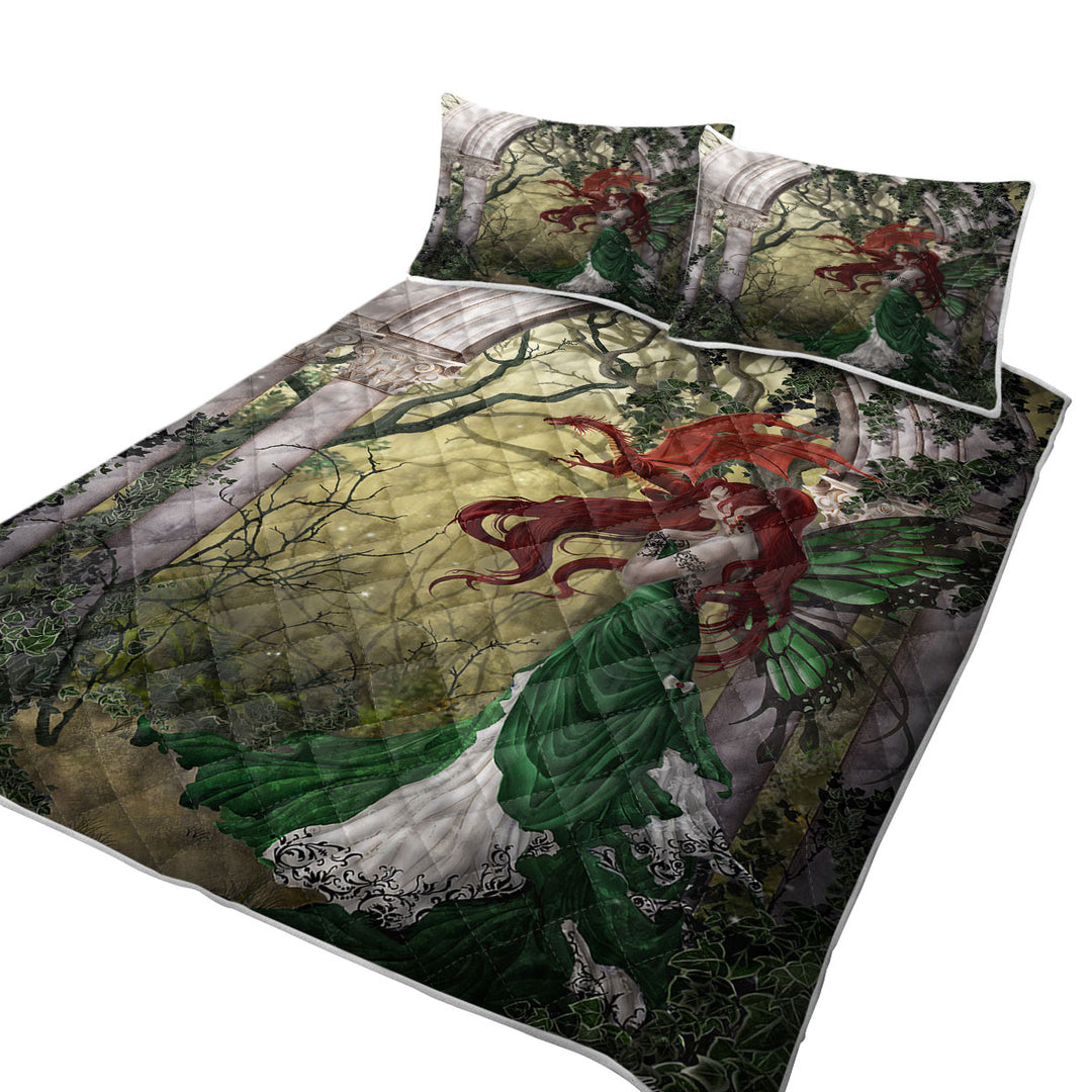 King Quilt with Fantasy Art Beautiful Redhead Green Fairy and Her Dragon