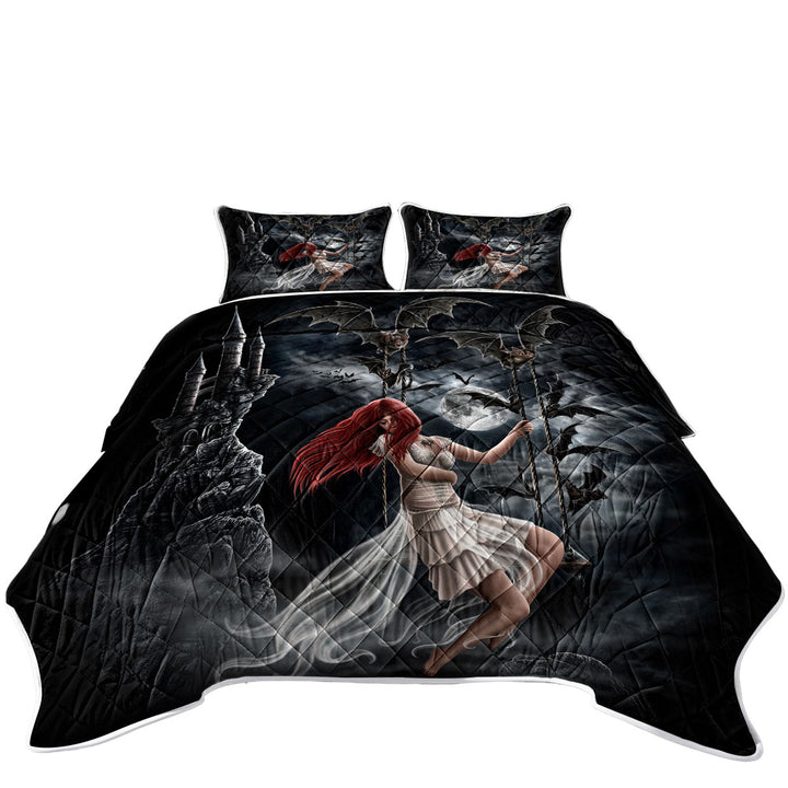 King Quilt with Gothic Night Art Draculas Bride Redhead Girl and Bats