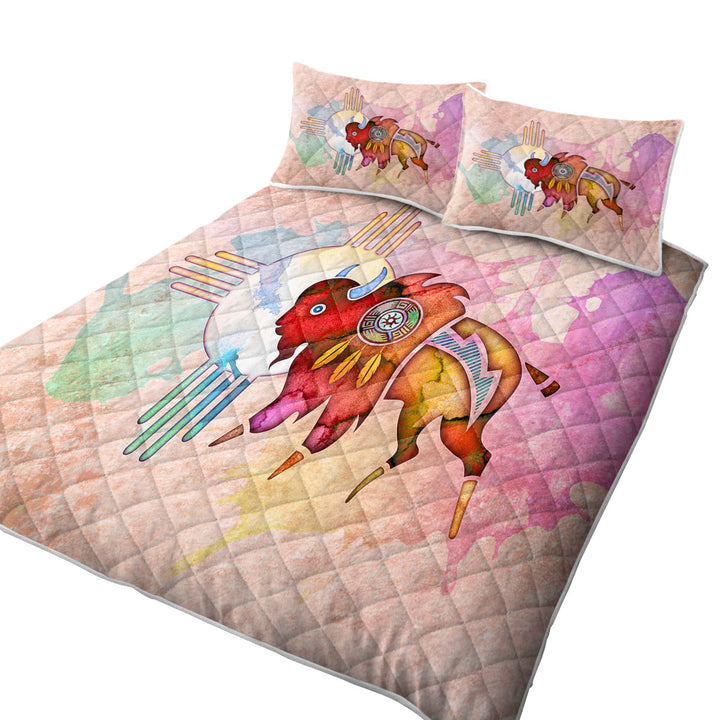 King Quilt with Native American Animal Art Painted Buffalo