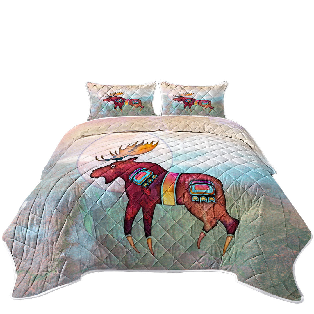 King Quilt with Native American Animal Art Painted Moose