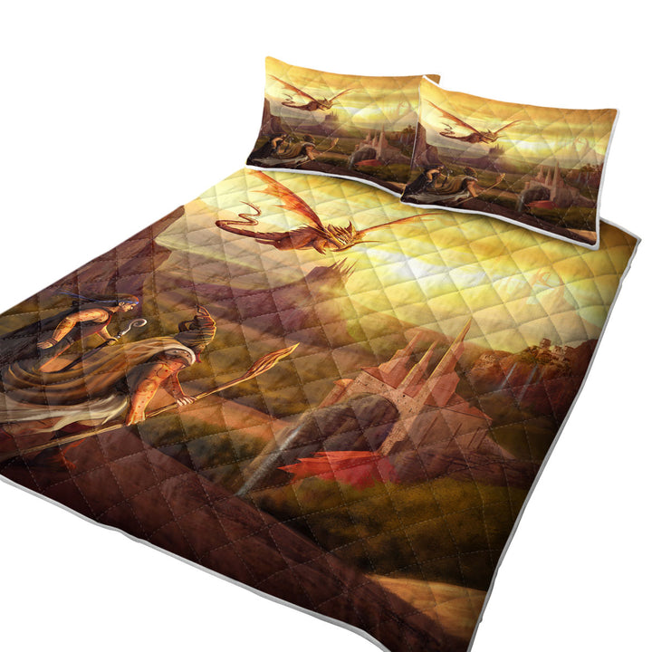 King Quilt with Warriors and Dragon Fantasy Art