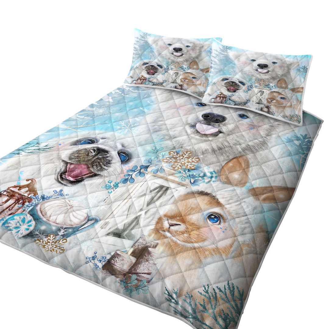 King Quilt with Winter Snowflake Kisses Polar Bear Seal and Bunny