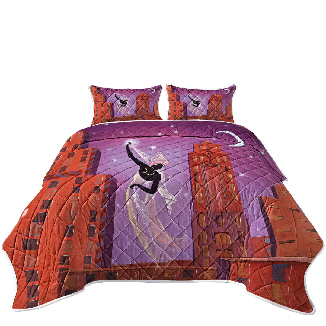 King Size Bedspreads with Art Deco Scarf Night City Dancing Painting