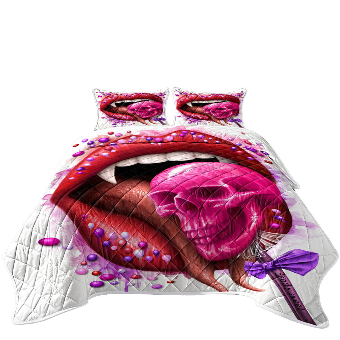 King Size Bedspreads with Cool Art Deadly Sweet Lips and Lollipop Skull