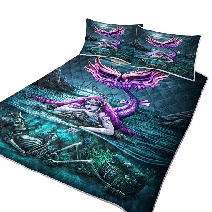 King Size Bedspreads with Cool Scary Ocean Art Skeleton and Mermaid