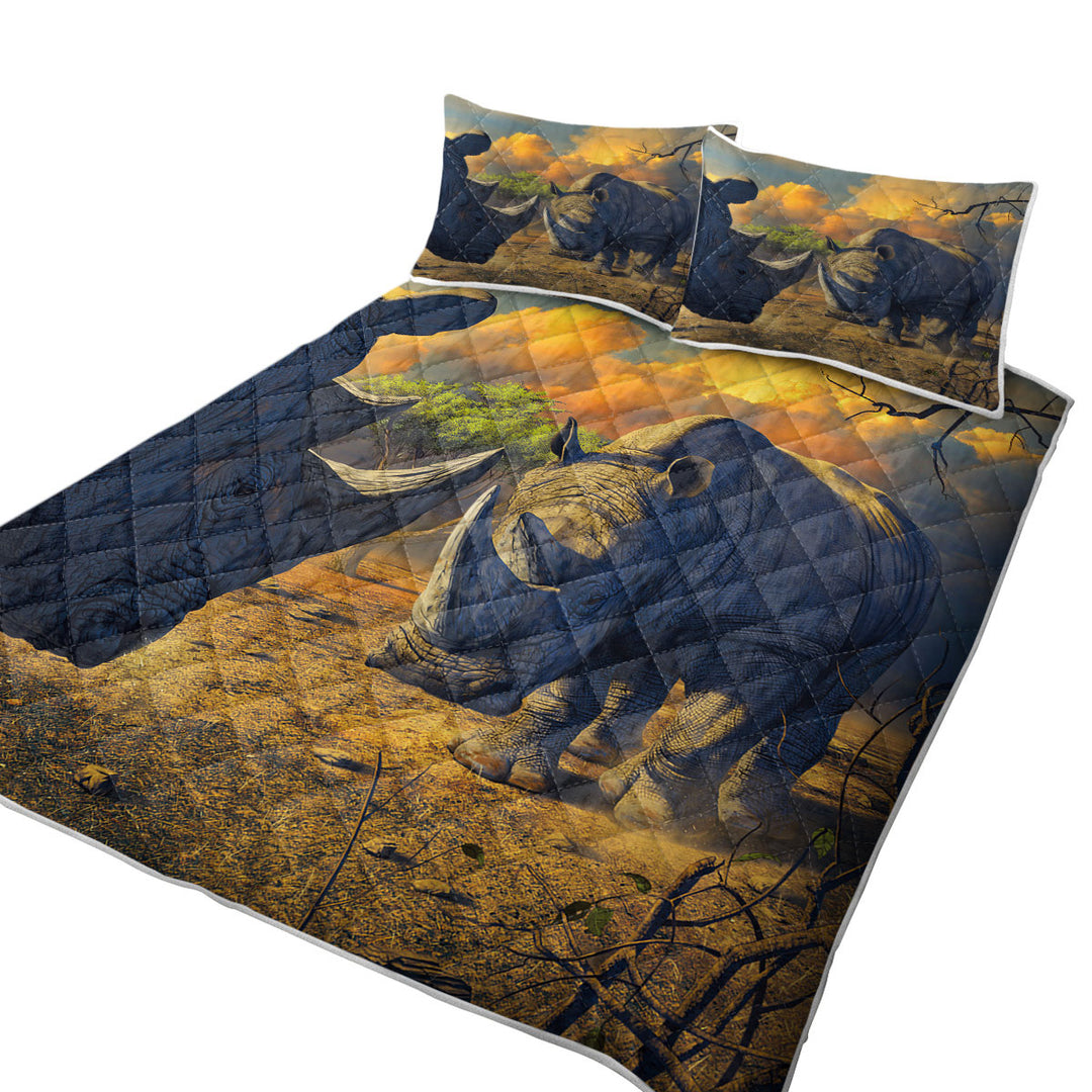 King Size Bedspreads with Cool Wildlife Animals Art Rhino Stand Off