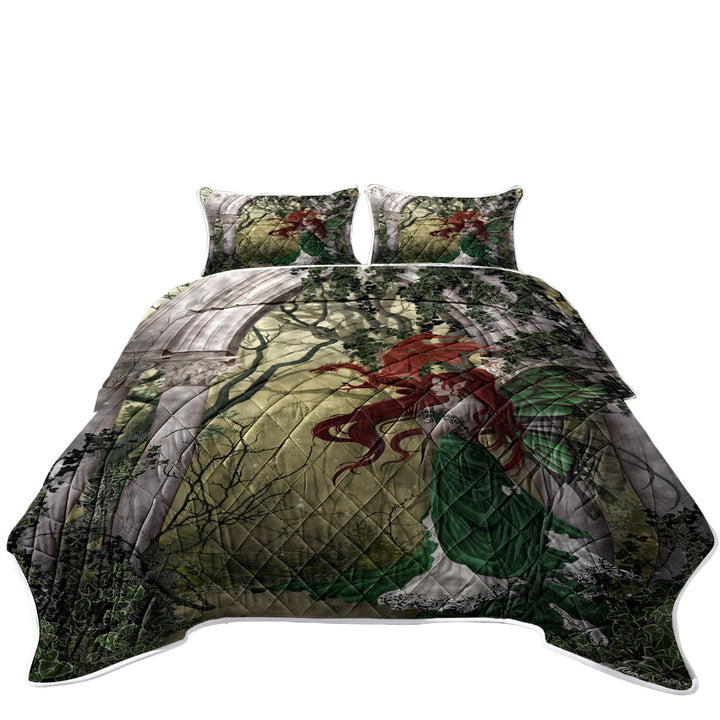 King Size Bedspreads with Fantasy Art Beautiful Redhead Green Fairy and Her Dragon