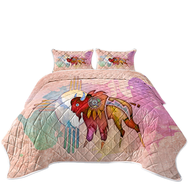 King Size Bedspreads with Native American Animal Art Painted Buffalo