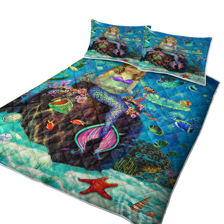 King Size Bedspreads with Underwater Art Fish and Girl Mermaid on Urn