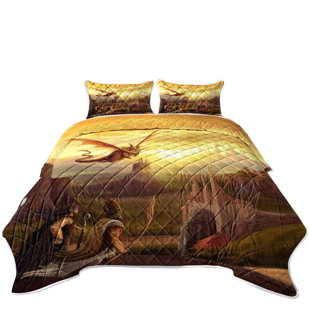 King Size Bedspreads with Warriors and Dragon Fantasy Art