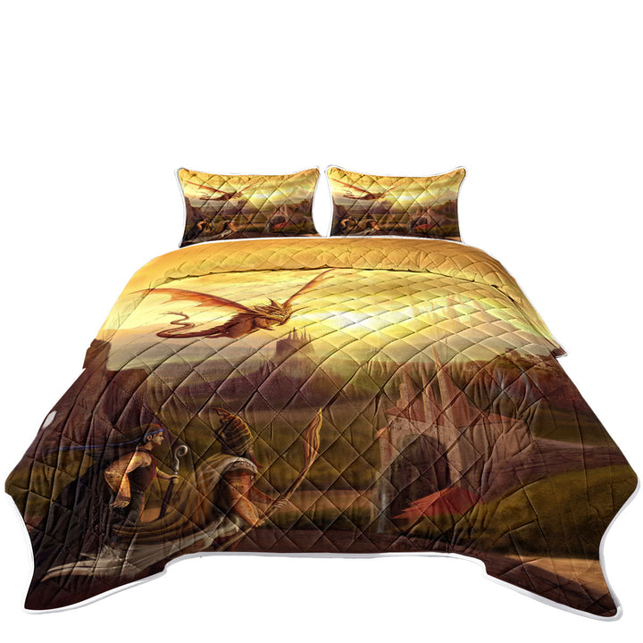 King Size Bedspreads with Warriors and Dragon Fantasy Art