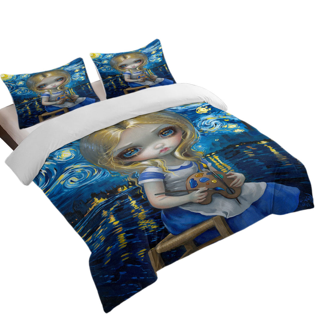 King Size Duvet Cover with Art Painting Alice in a Van Gogh Nocturne