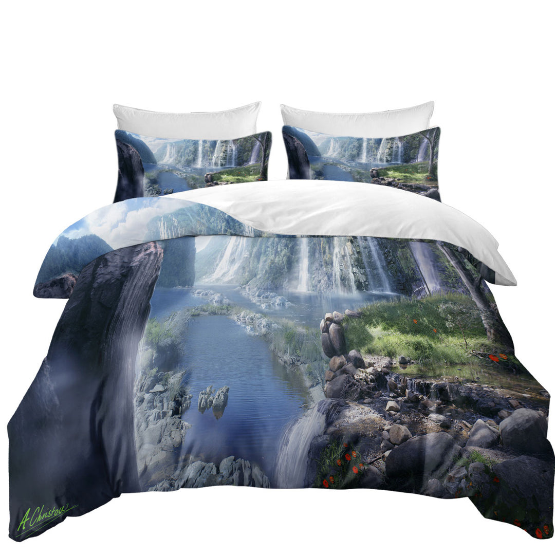 King Size Duvet Cover with Beautiful Nature Waterfall Paradise