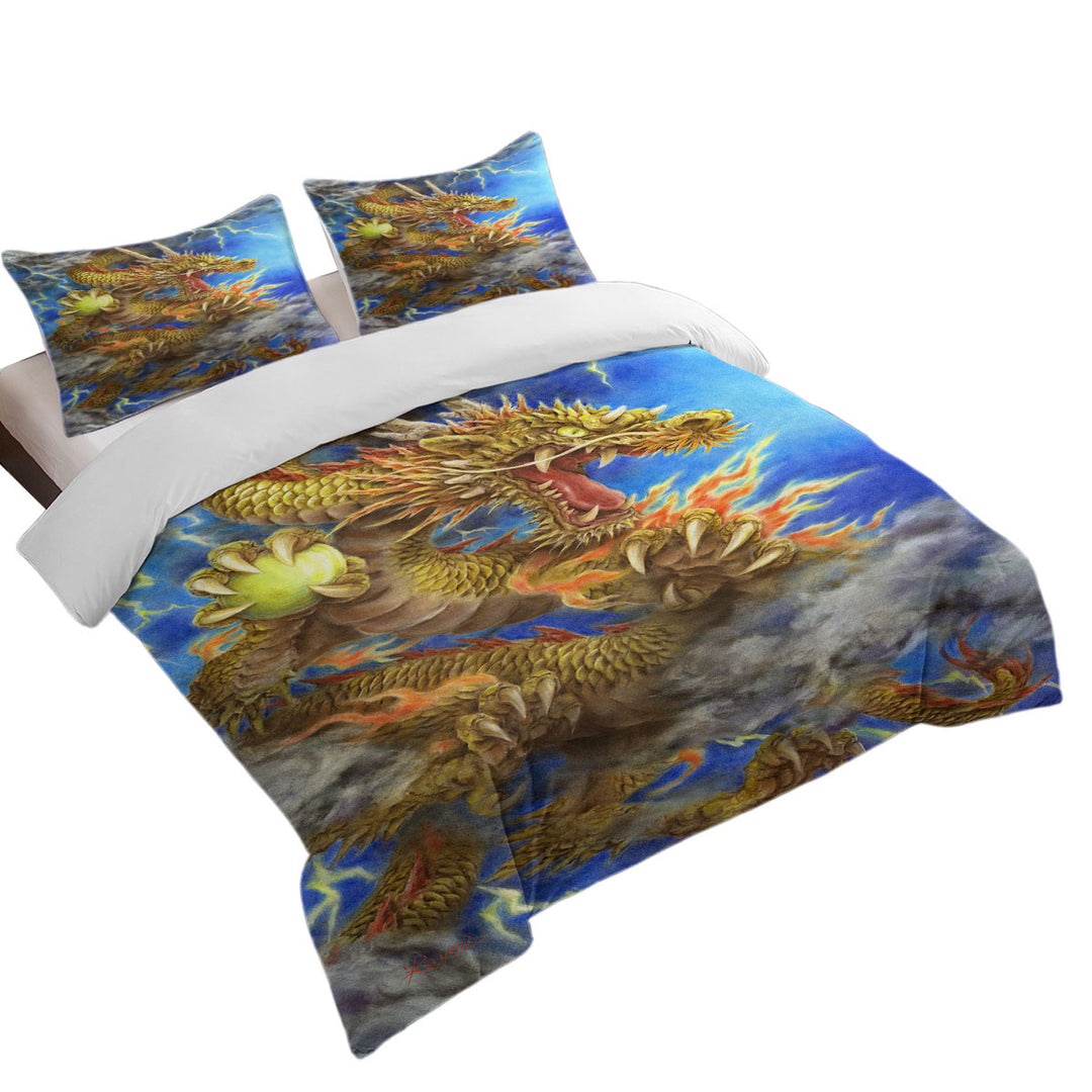 King Size Duvet Cover with Cool Fantasy Lightning Storm and Golden Dragon