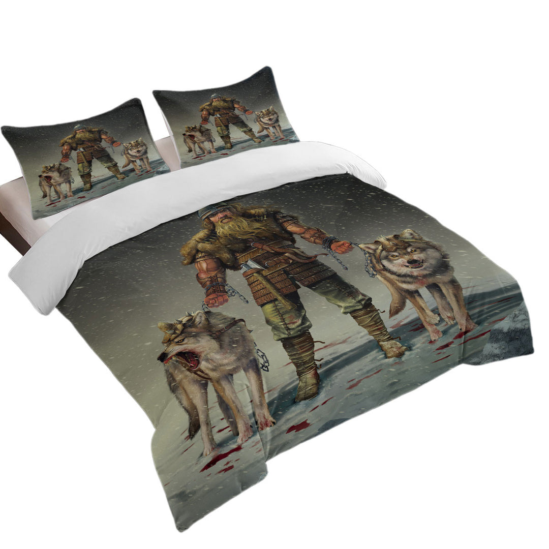 King Size Duvet Cover with Cool Mens Art Mountain Viking and Wolves